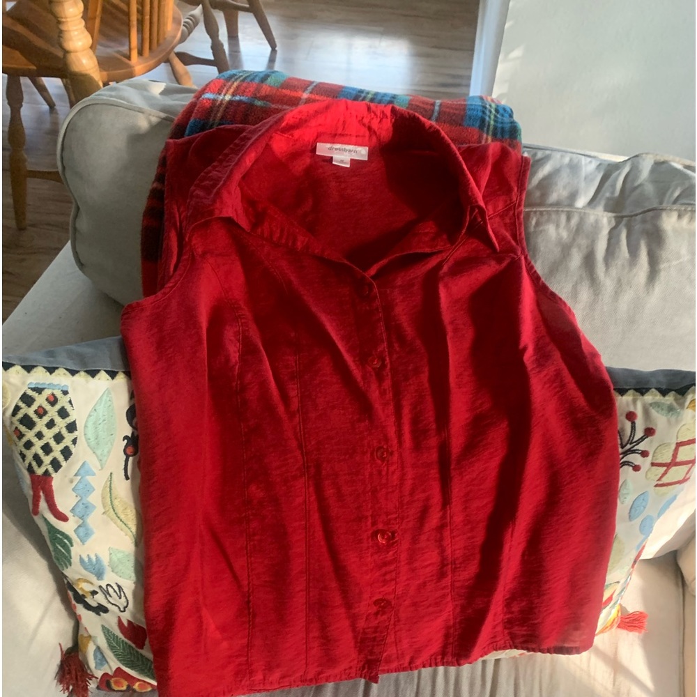 Red button down top.